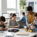 Middle school students building a robotics project with guidance from a STEM teacher