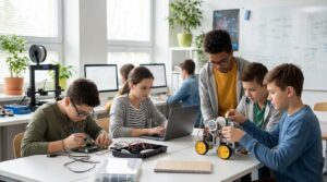 Middle school students building a robotics project with guidance from a STEM teacher