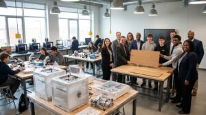 Educators reviewing equipment and instruction in a school STEM lab