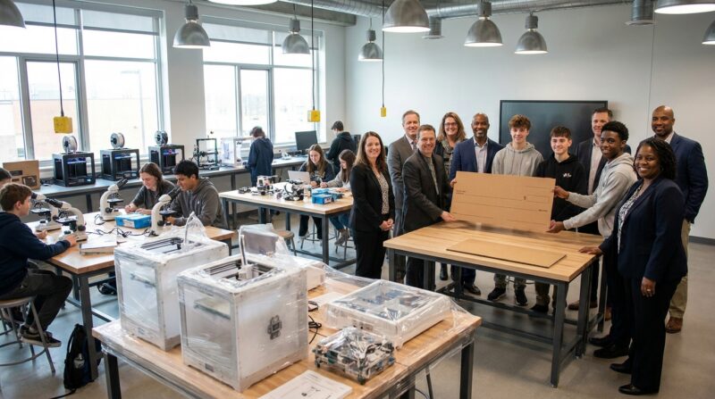 Educators reviewing equipment and instruction in a school STEM lab