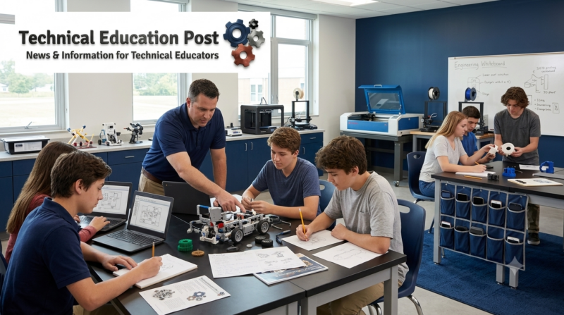 Students combine laptops, hands-on technical equipment and teacher guidance during a purposeful classroom technology lesson.