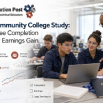 Community college students and an instructor in a technical lab illustrating research on degree completion and long-term earnings.