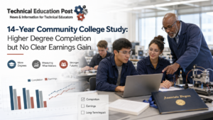 Community college students and an instructor in a technical lab illustrating research on degree completion and long-term earnings.