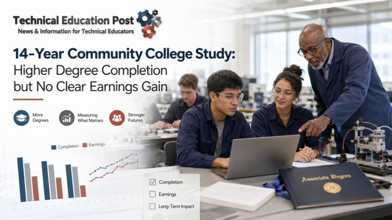 Community college students and an instructor in a technical lab illustrating research on degree completion and long-term earnings.