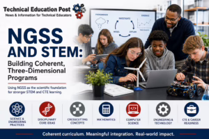 Students collaborate with a teacher during an NGSS-aligned STEM lesson, analyzing scientific data, testing engineering designs, and building robotics projects in a modern classroom.