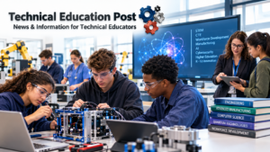Students in a technical education lab learning robotics, engineering and quantum technology skills for the emerging STEM workforce.