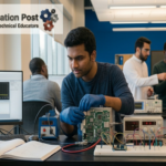 International and U.S. STEM students working together in an American engineering laboratory.