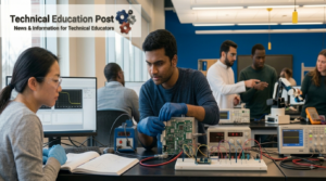 International and U.S. STEM students working together in an American engineering laboratory.