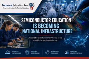 Technical education students work with semiconductor equipment alongside a microchip wafer, cleanroom technicians, and a map of the U.S. semiconductor workforce network.