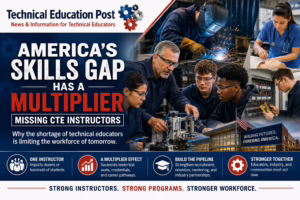 A career and technical education instructor teaches students in welding, automation, electrical technology, healthcare, and advanced manufacturing labs, illustrating how CTE instructors build the skilled workforce pipeline for America's future.