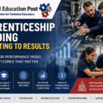 Technical education students and apprentices receive hands-on advanced manufacturing training with an industry mentor, representing the shift toward performance-based apprenticeship funding and workforce development.