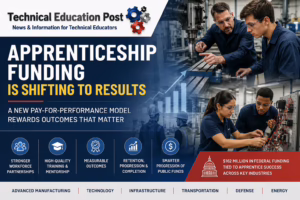 Technical education students and apprentices receive hands-on advanced manufacturing training with an industry mentor, representing the shift toward performance-based apprenticeship funding and workforce development.