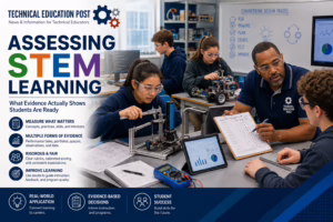 Students demonstrate engineering, robotics, data analysis, and technical skills in a modern STEM laboratory while an educator evaluates their work using performance rubrics and evidence-based assessment practices.