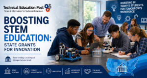 Teacher guides diverse students through robotics, science experiments, and STEM activities in a modern classroom, representing state grants that support innovation, workforce readiness, and hands-on learning.