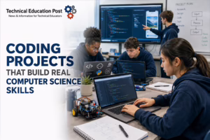 Students collaborate on coding projects using laptops, robotics hardware, microcontrollers, and software development tools while building real computer science skills in a modern STEM classroom.