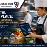 Culinary student uses a tablet to track fresh ingredients, suppliers, batch numbers, and food-safety data in a professional teaching kitchen.