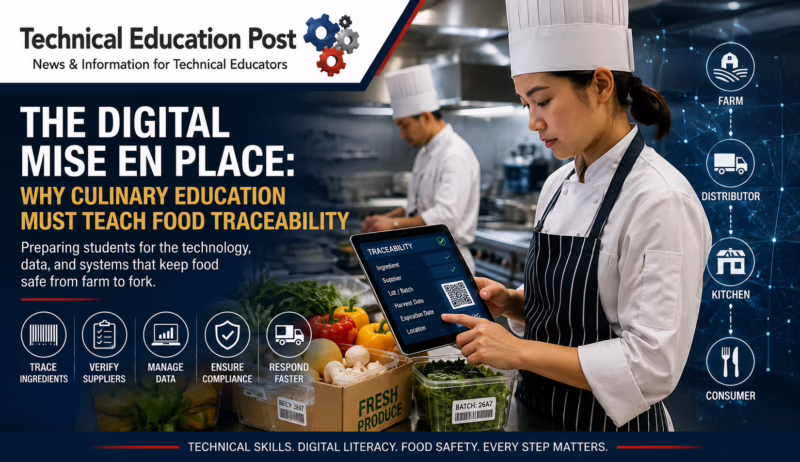 Culinary student uses a tablet to track fresh ingredients, suppliers, batch numbers, and food-safety data in a professional teaching kitchen.