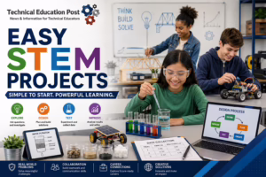 Students build robots, test water filtration, construct engineering models, and conduct hands-on science experiments in a modern STEM classroom, demonstrating easy STEM projects that promote critical thinking and problem-solving.