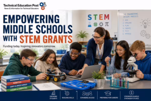 Middle school students collaborate on robotics, engineering, science, and technology projects in a modern STEM classroom with teacher guidance.