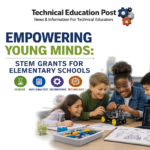 Elementary students collaborate on robotics, coding, engineering design, and hands-on STEM activities in a modern classroom, illustrating how STEM grants can expand inquiry, creativity, and problem-solving opportunities for young learners.