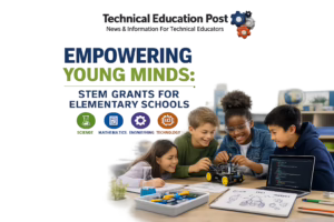 Elementary students collaborate on robotics, coding, engineering design, and hands-on STEM activities in a modern classroom, illustrating how STEM grants can expand inquiry, creativity, and problem-solving opportunities for young learners.