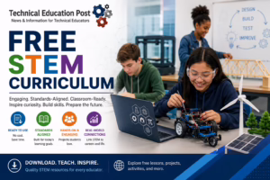 Students use robotics, engineering models, renewable energy projects, and classroom technology while exploring a free STEM curriculum in a modern makerspace led by an educator.