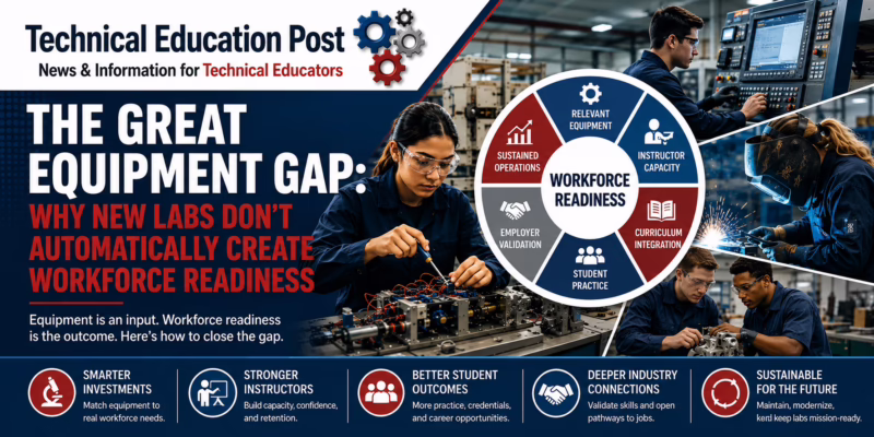Students and instructors working with advanced manufacturing, robotics, welding, and CNC equipment in a modern Career and Technical Education laboratory illustrating workforce readiness through hands-on technical training.