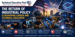 Technical Education Post editorial illustration showing students training in advanced manufacturing, robotics, welding, semiconductors, energy, AI infrastructure, and shipbuilding, representing how industrial policy is reshaping Career and Technical Education and workforce development.