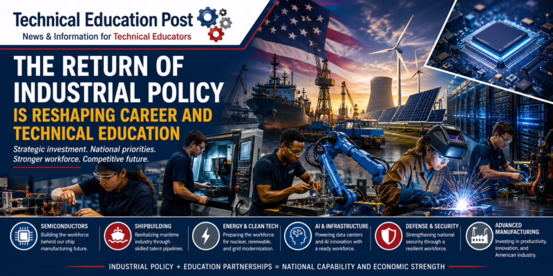 Technical Education Post editorial illustration showing students training in advanced manufacturing, robotics, welding, semiconductors, energy, AI infrastructure, and shipbuilding, representing how industrial policy is reshaping Career and Technical Education and workforce development.