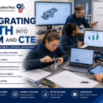 High school STEM and CTE students apply mathematics by measuring manufactured components, analyzing engineering data, interpreting graphs, reviewing CAD drawings, and programming robotics while an instructor guides quantitative decision-making in a modern technical laboratory.