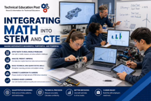 High school STEM and CTE students apply mathematics by measuring manufactured components, analyzing engineering data, interpreting graphs, reviewing CAD drawings, and programming robotics while an instructor guides quantitative decision-making in a modern technical laboratory.