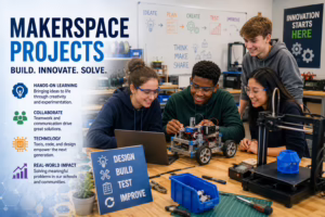 Students collaborate on a robotics project in a school makerspace using a 3D printer, laptop, engineering tools, and prototype components during a hands-on STEM design challenge.