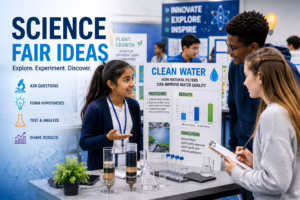Students present a science fair project on water filtration while classmates evaluate experiments in a modern STEM classroom filled with engineering, biology, and environmental science displays.