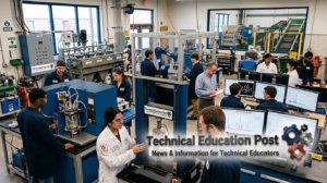 Technical Education Post featuring students and instructors in a modern technical education and advanced manufacturing lab