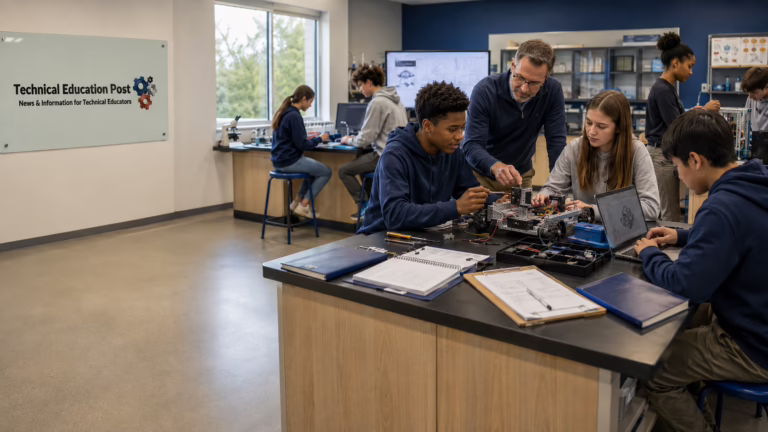 High school students and a teacher collaborate on a robotics prototype in a modern STEM laboratory, with Technical Education Post branding displayed on a glass board.