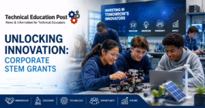 Students collaborate on robotics and engineering projects with educator guidance in a modern STEM classroom, illustrating corporate STEM grants that support innovation, workforce development, and hands-on learning.