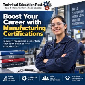 Woman empowered by her manufacturing certifications.