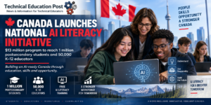 Canadian students and an educator using AI tools as Canada launches a $13 million national AI literacy initiative for postsecondary students and K–12 educators.