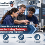 College of Southern Maryland students receiving hands-on advanced manufacturing training with CNC equipment and industrial robotics as part of an apprenticeship pipeline.