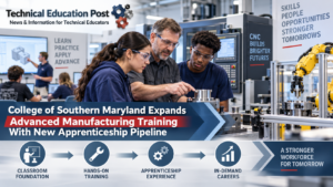 College of Southern Maryland students receiving hands-on advanced manufacturing training with CNC equipment and industrial robotics as part of an apprenticeship pipeline.