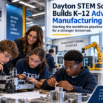 Students working on robotics and manufacturing projects in a STEM lab representing Dayton Regional STEM Schools’ new K–12 advanced manufacturing center.