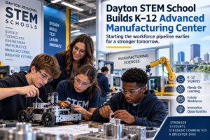Students working on robotics and manufacturing projects in a STEM lab representing Dayton Regional STEM Schools’ new K–12 advanced manufacturing center.