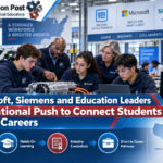 Students and industry mentors from GM, Microsoft, Siemens, and education partners collaborate in a technical training lab focused on direct career pathways.