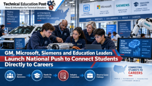 Students and industry mentors from GM, Microsoft, Siemens, and education partners collaborate in a technical training lab focused on direct career pathways.