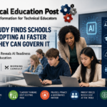 Teachers and students using artificial intelligence in a modern classroom as schools work to improve AI training, governance and digital literacy.
