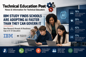Teachers and students using artificial intelligence in a modern classroom as schools work to improve AI training, governance and digital literacy.