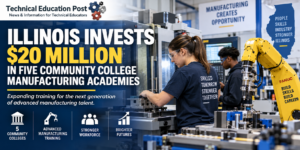Community college students training with CNC equipment and industrial robotics as Illinois invests $20 million in five advanced manufacturing academies.