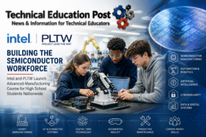 High school students learning semiconductor manufacturing, robotics and automation through advanced manufacturing education supported by Intel and Project Lead The Way.