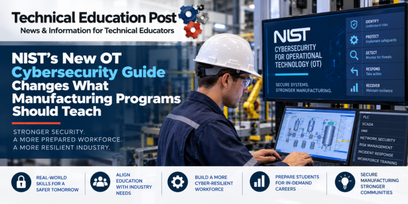 Students learning operational technology cybersecurity in a manufacturing lab.
