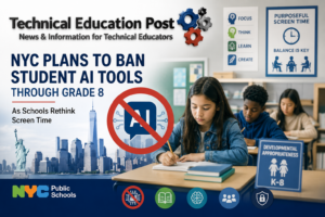 Middle school students working without AI tools as New York City considers restrictions on student-facing artificial intelligence through eighth grade.